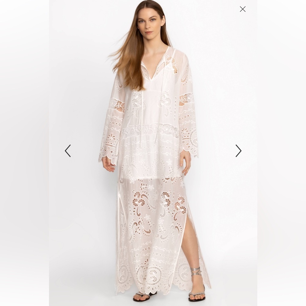 Johnny Was charlotta eyelet silk maxi dress White Lace Jade w/ slip $598 NWT S